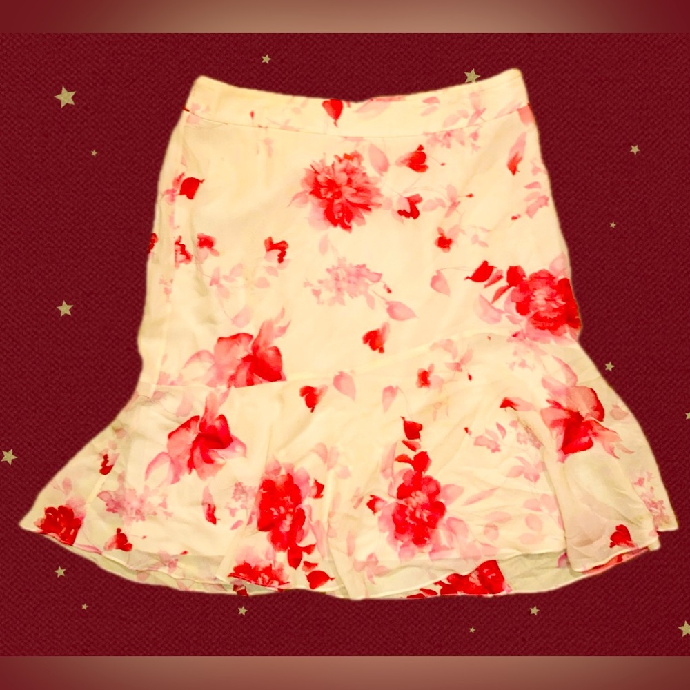 Banana Republic Womens Y2K 100% Silk Pink Floral Midi Trumpet Ruffle Skirt US2